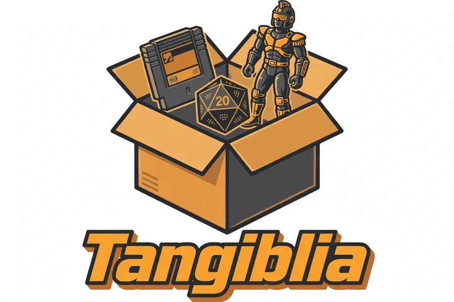 Tangiblia — an open box holding a game cartridge, a d20, and an action figure